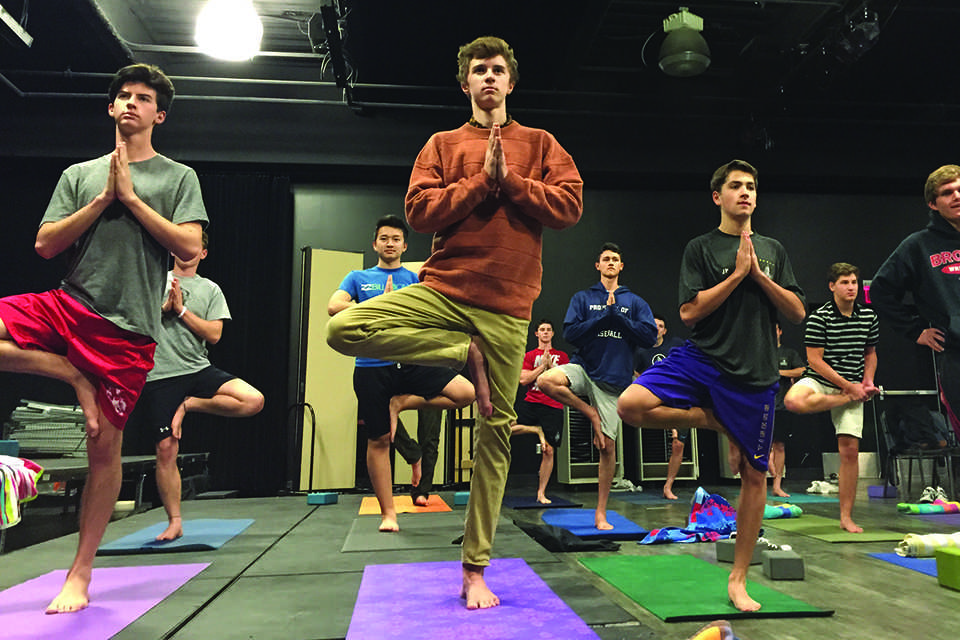 Photo by Jace Riley 16 -- Greg Vogel 15 (left), Kyle Sourbeer 15 (middle), and Joe Pierson 16 (right) pose during their 7th period yoga class.