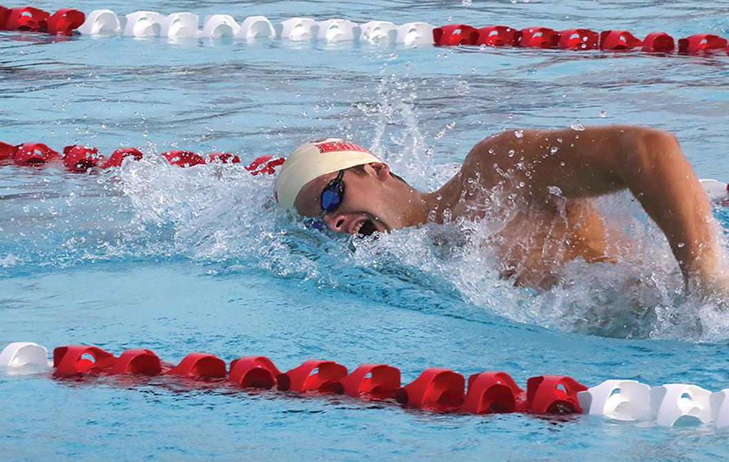 Photo by Michael Placenti ’19 - Jack Blake ’17 pulls ahead in 200m Freestyle at the home meet on Thursday, Sept. 10. Blake looks to do well this season, as he prepares to try out for Spanish Olympic team.