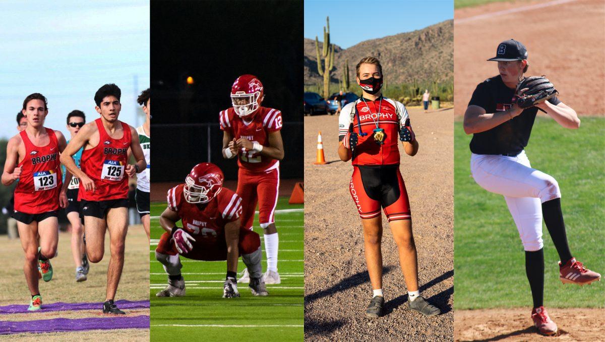 Photo Illustration by Mark Rossbach 21
Photos from Brophy sports events in the 2020-21 school year. Cross Country Running, Football, Cross Country Mountain Biking, and Baseball were all able to be performed under COVID restrictions.