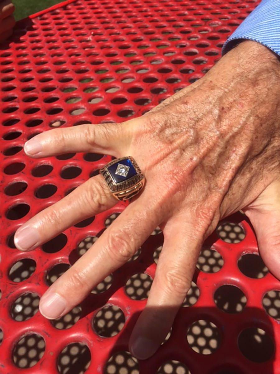 Photo by Jack Davis ’19 - Jim McAndrew models his 1969 World Series ring. McAndrew and Duffy Dyer were members of the “Miracle Mets”, and now their grandsons Drew Dyer ’18 and Max McAndrew ’18 are teammates on the JV baseball team.