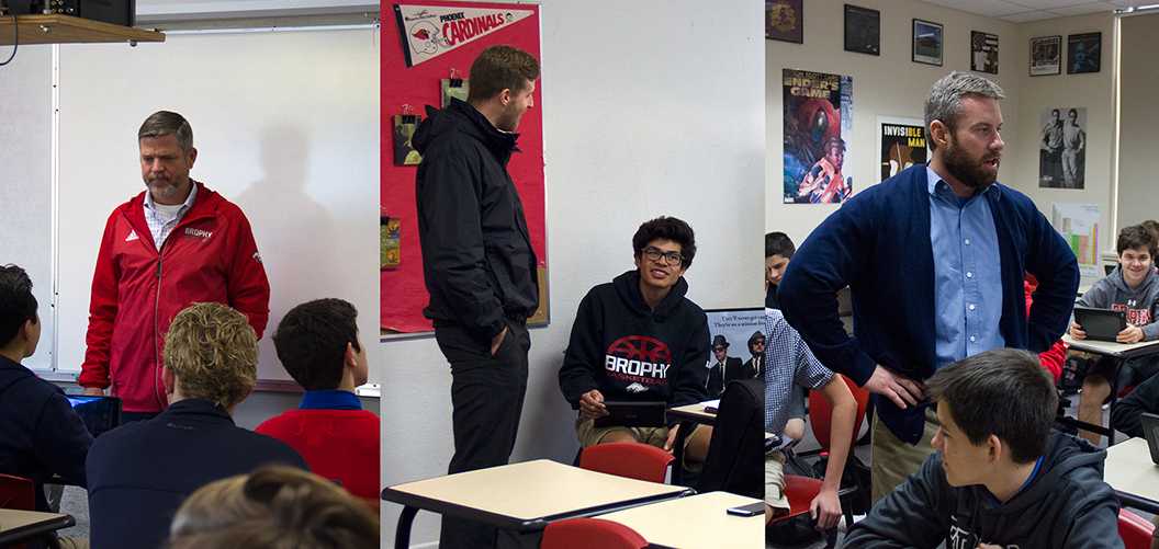 Photo by Andrew Brown ’18 | Mr. Steve Smith ’96, Mr. Austin Pidgeon ’07 and Mr. Andy Schmidbauer ’88 instruct students in their classrooms. Many former students find themselves coming back to Brophy to teach after college.
