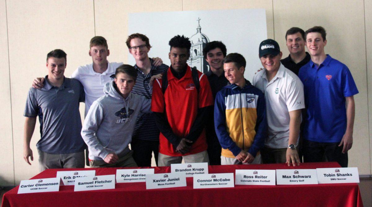 Photo by Josh Spano ’18 | Student-athletes of the 2018 class pose for a photo during National Signing Day on Feb. 7, 2018. Brophy student-athletes will continue their respetive sport in college.