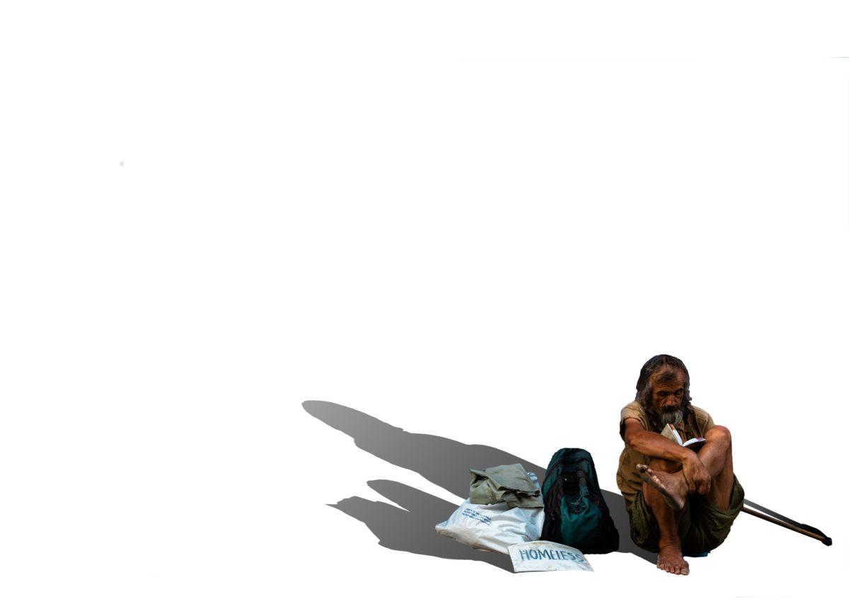 A homeless man sitting in a clean, white room.
Photo composite by Garret Van Wie