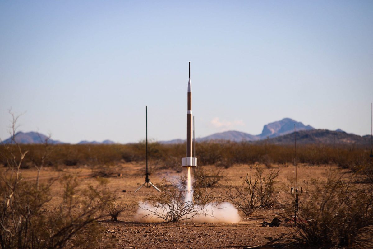 Alfredo Perret's rocket, Berneise, clearing the launch pad on one of his recreational launches.