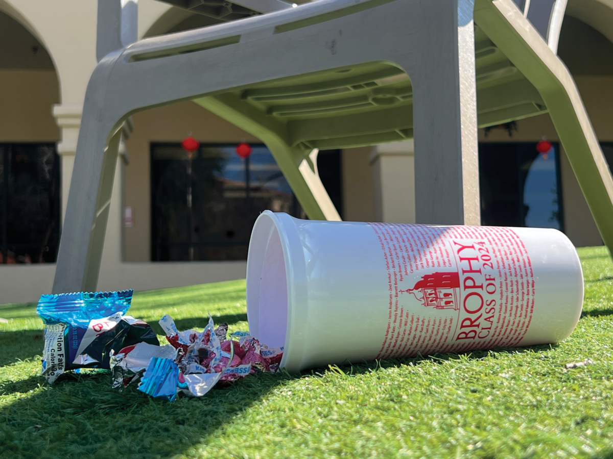 This class of 2024 cup filled with used wrappers was left on the ground. Our photographer angled the trash inside for clarity.