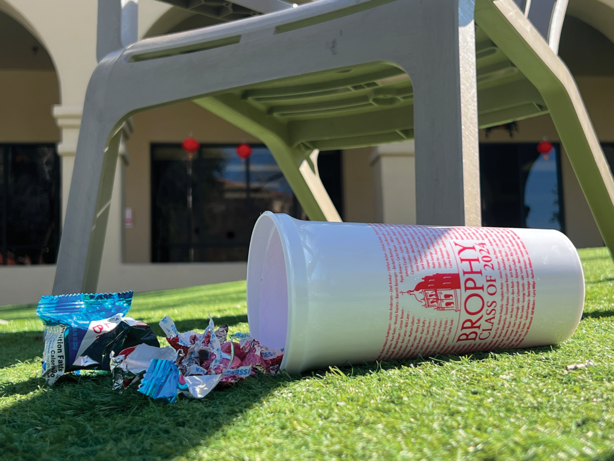 This Class of 2024 cup filled with used wrappers was left on the ground. Our photographer angled the trash inside for clarity. 