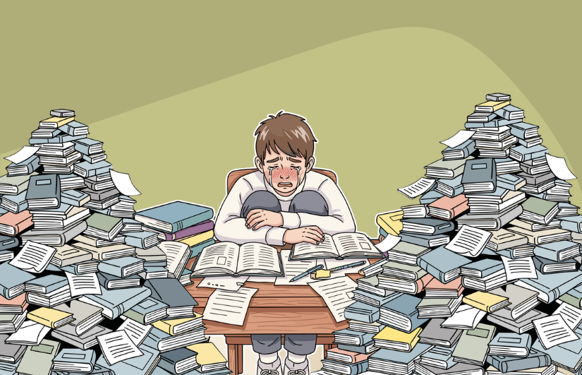 Illustration of student overwhelmed by the amount of schoolwork he has.